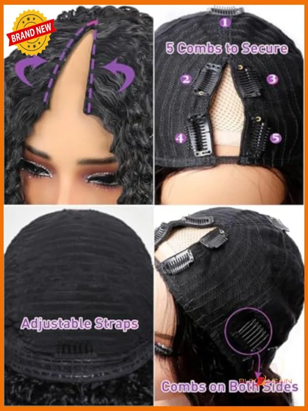 V Part Curly Wig Human Hair 20in Glueless Full Head Clip In 180 Density